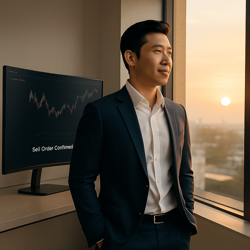 Investor reflecting after profit-taking decision, with trade closed and portfolio charts in background